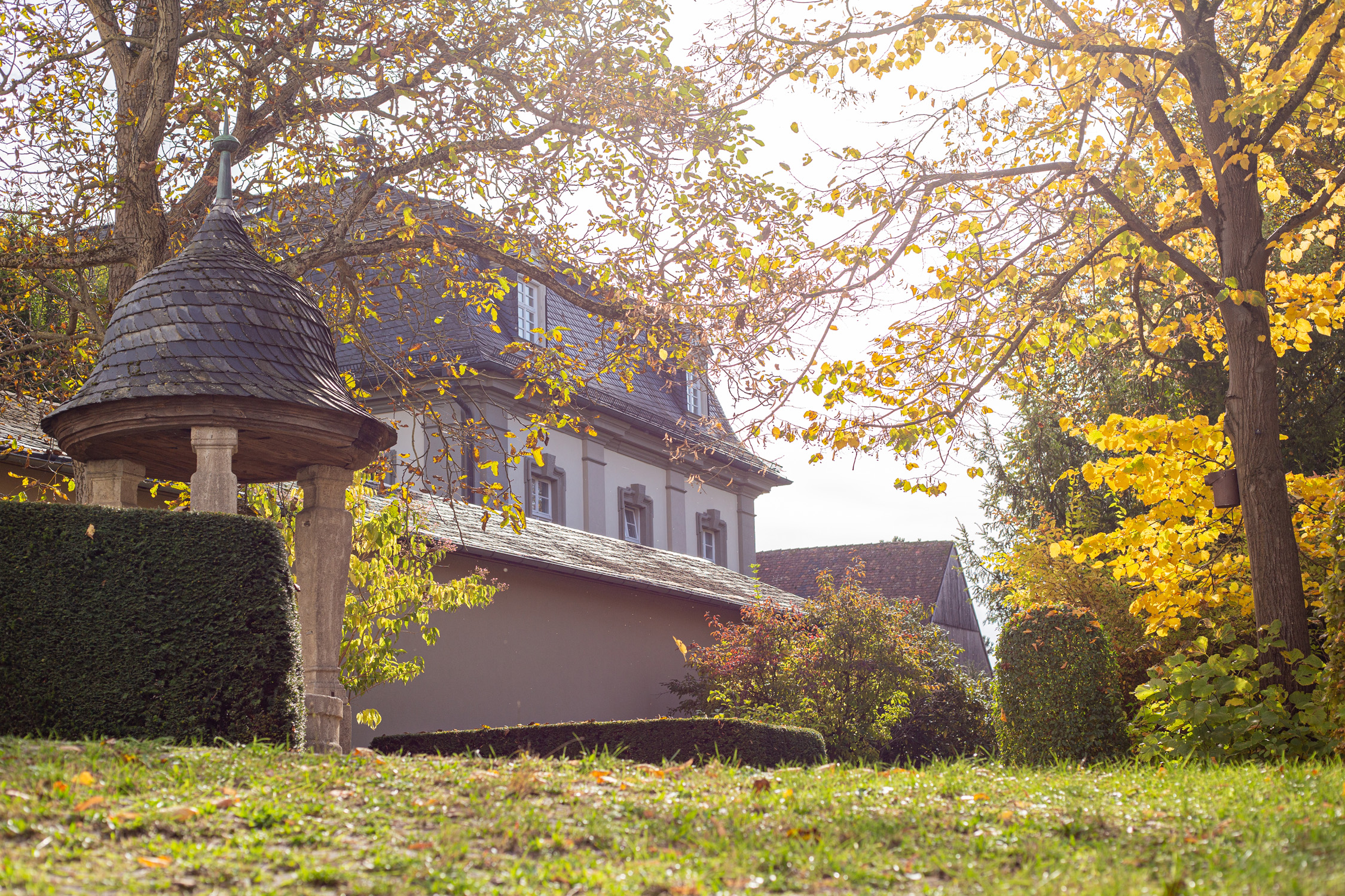 Foto: Die Abtei Münsterschwarzach eingerahmt von buntem Herbstlaub