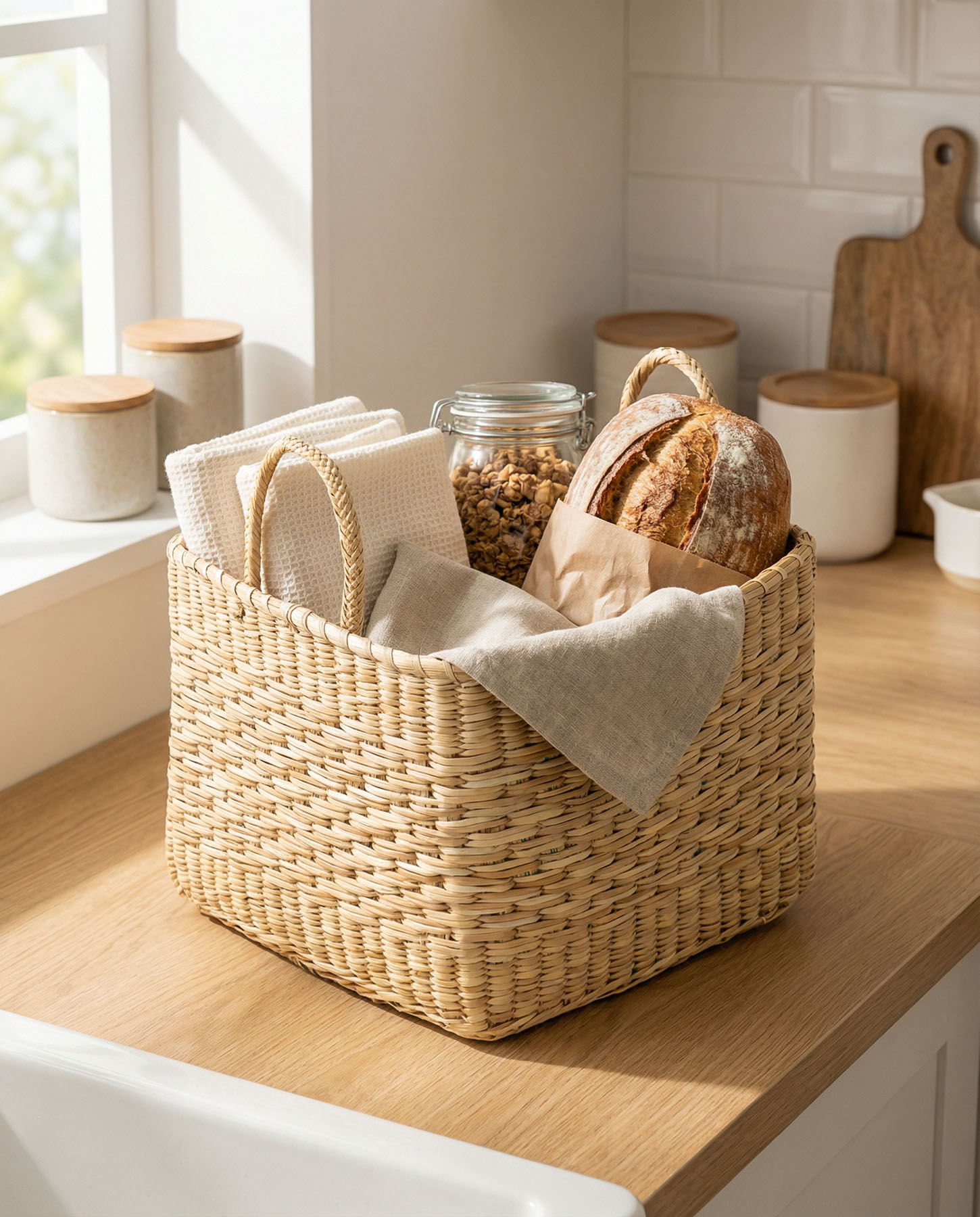 Allzweckkorb gefüllt mit Brot und Handtüchern