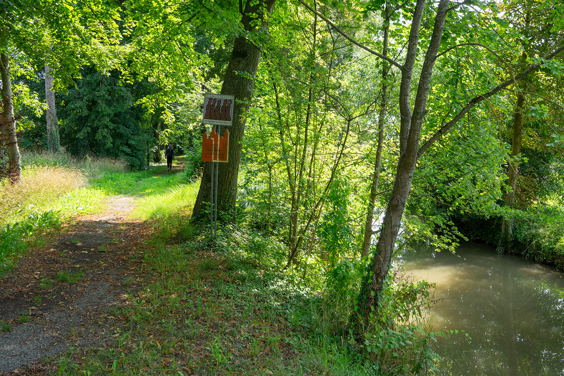 Weg mit Bäumen gesäumt, nach einen Grünstreifen folgt rechts der Bach