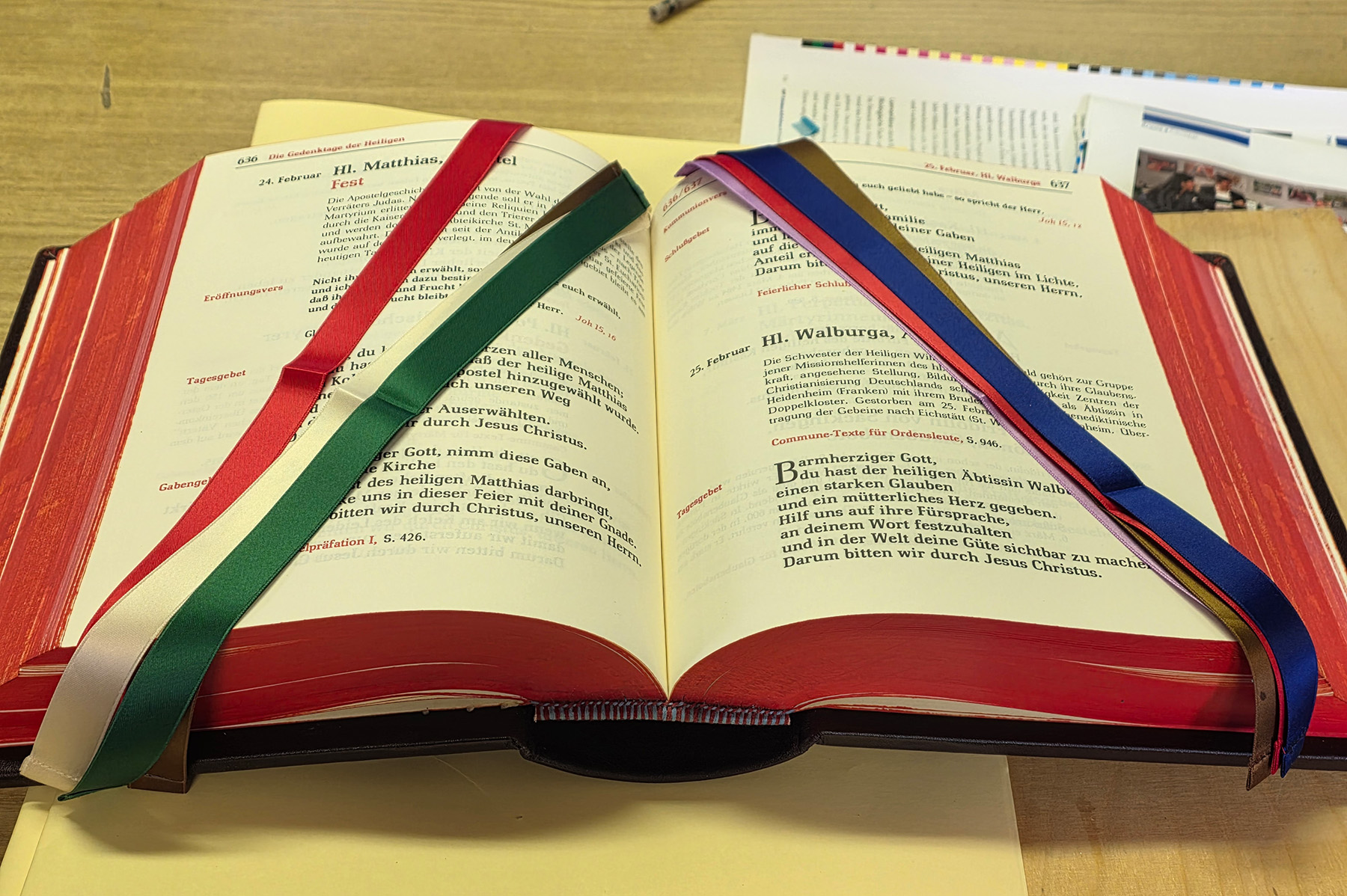 Dickes altes Buch mit mehreren farbigen Bändern