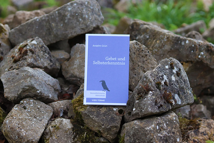 Buch mit violettem Cover liegt auf einem Berg mit Steinen