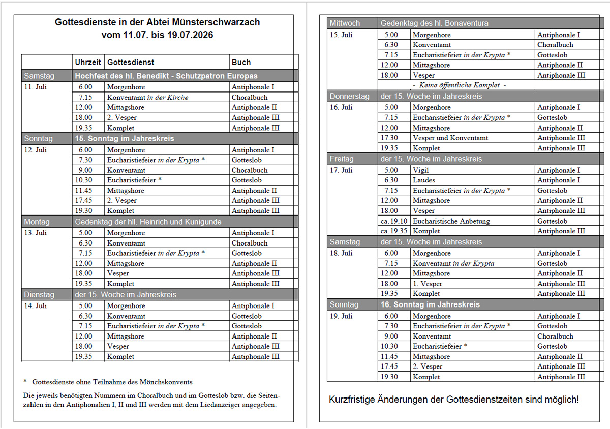 Übersicht mit Gebets- und Gottesdienstzeiten vom 11. bis zum 19. Juli 2026