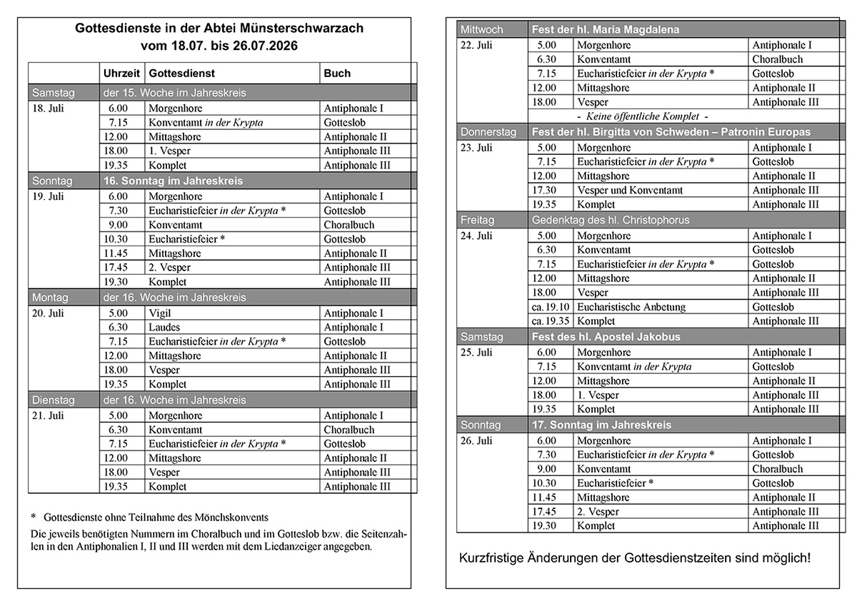 Übersicht mit Gebets- und Gottesdienstzeiten vom 18. bis zum 26. Juli 2026