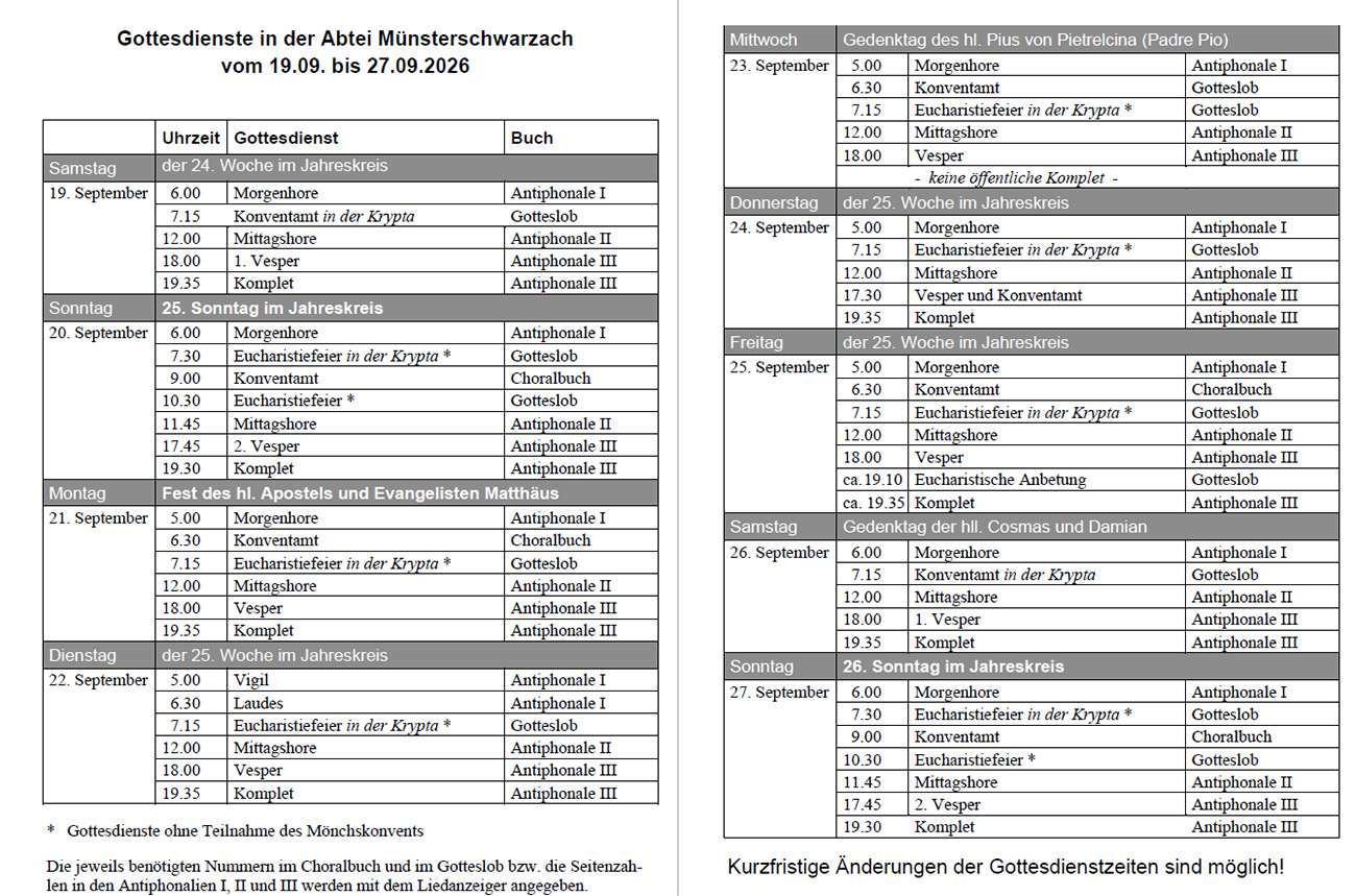 Übersicht mit Gebets- und Gottesdienstzeiten vom 19. bis zum 27. September 2026