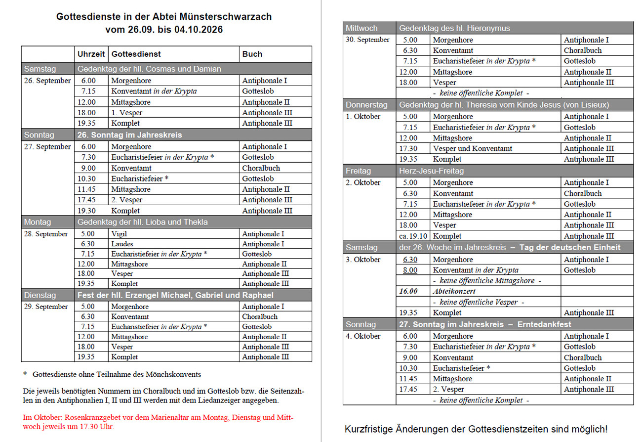 Übersicht mit Gebets- und Gottesdienstzeiten vom 26. September bis zum 4. Oktober 2026