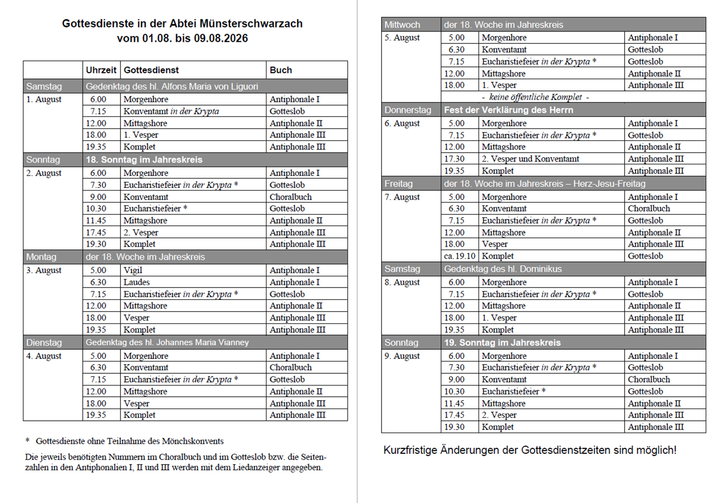 Übersicht mit Gebets- und Gottesdienstzeiten vom 1. bis zum 9. August2026