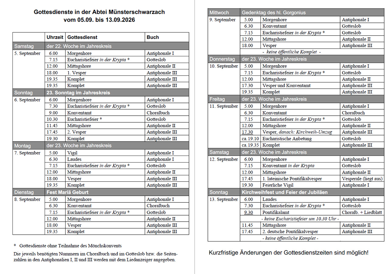 Übersicht mit Gebets- und Gottesdienstzeiten vom 5. bis zum 13. September 2026