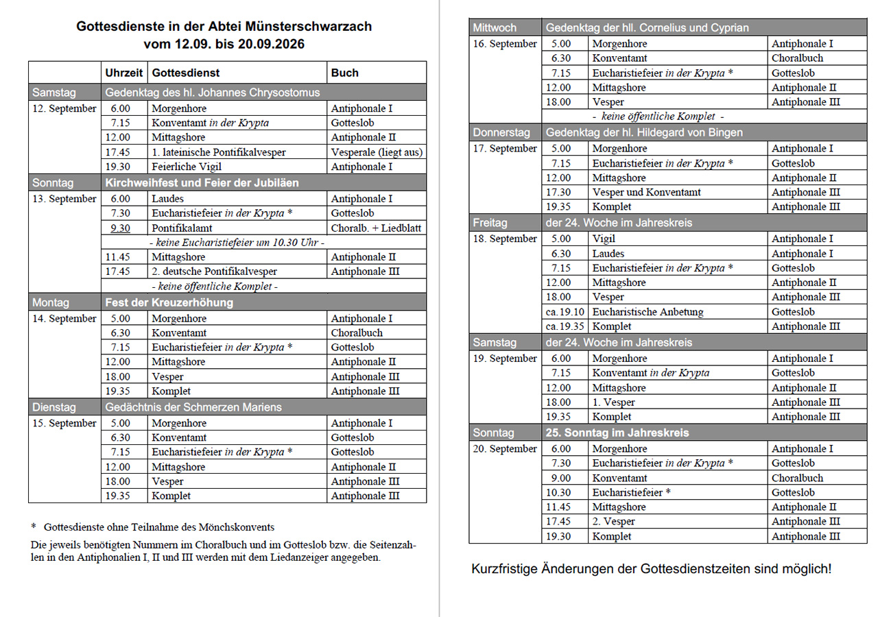 Übersicht mit Gebets- und Gottesdienstzeiten vom 12. bis zum 20. September 2026