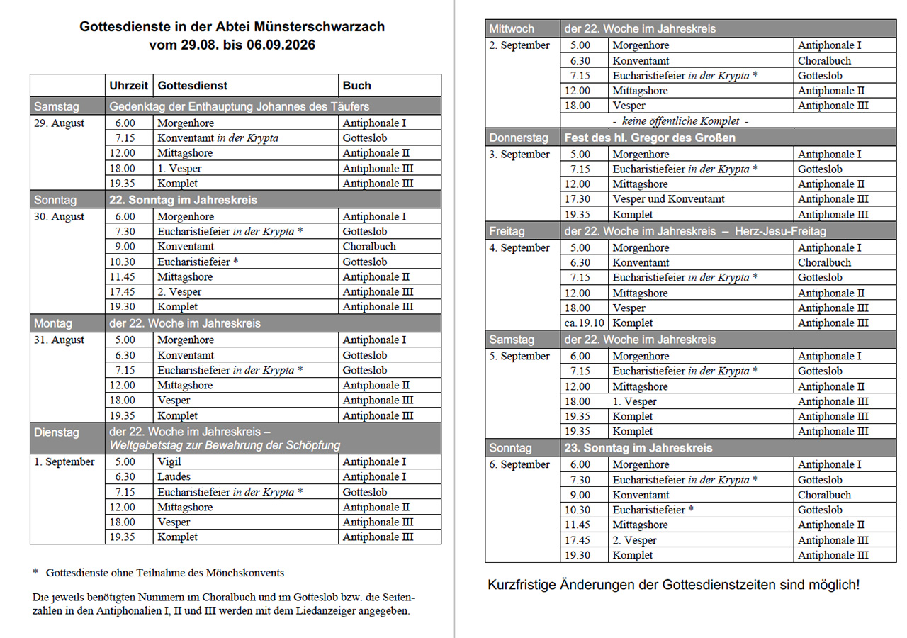 Übersicht mit Gebets- und Gottesdienstzeiten vom 29. August bis zum 6. September 2026