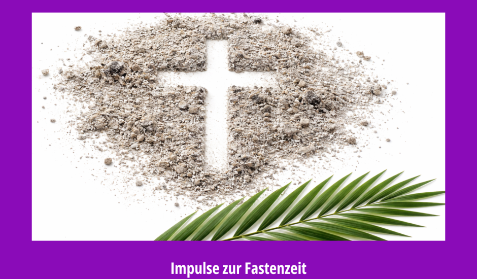Kreuz in Asche gezeichnet und ein Palmzweig in einem violetten Rahmen