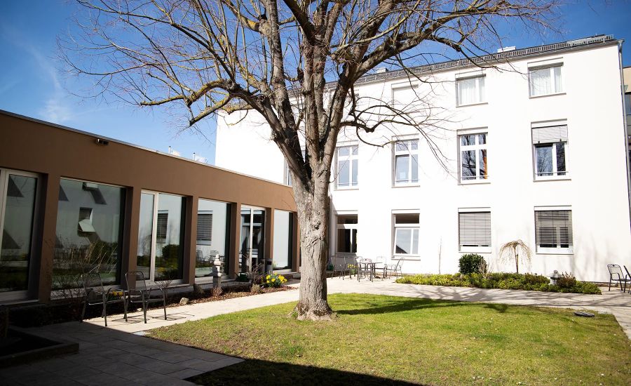Gartenanlage mit Baum vor dem Gästehaus