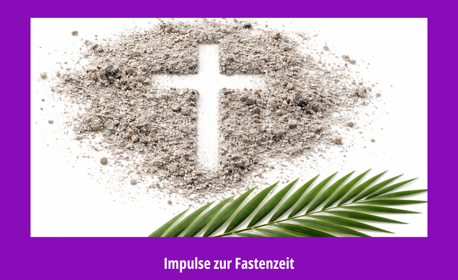 Kreuz in Asche gezeichnet und ein Palmzweig in einem violetten Rahmen