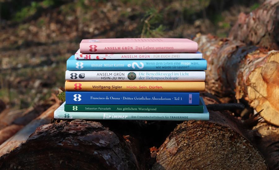 Stapel mit Büchern auf Baumstämmen