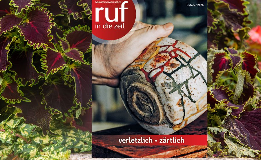 Die Oktober-Ausgabe des Magazins in der Natur vor einem Strauch platziert