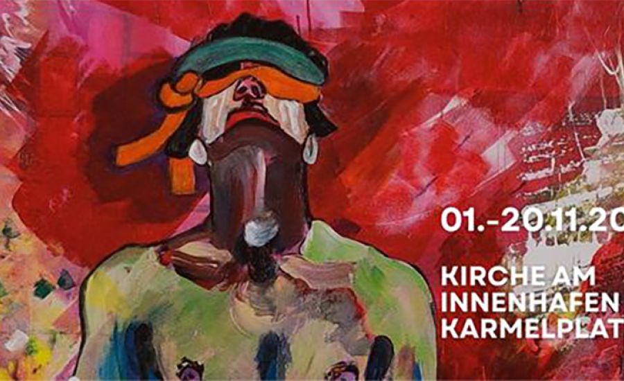 Ausstellungsplaket mit rotem Hintergrund und einem gemalten Mann mit Sonnenbrille