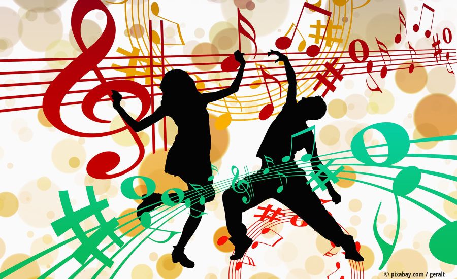 Grafik mit Silhouetten von zwei Menschen, die zwischen Notenlinien tanzen