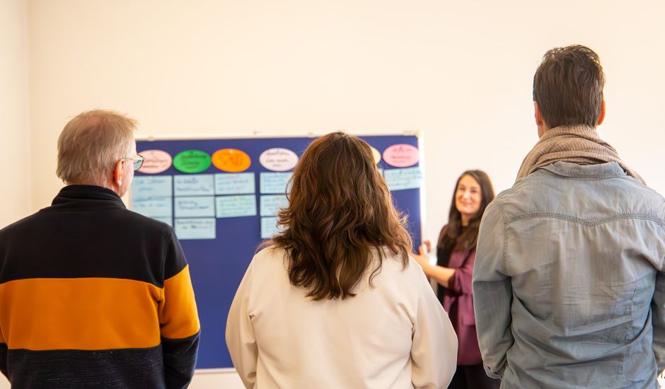 Drei Menschen stehen vor einer Flipchart