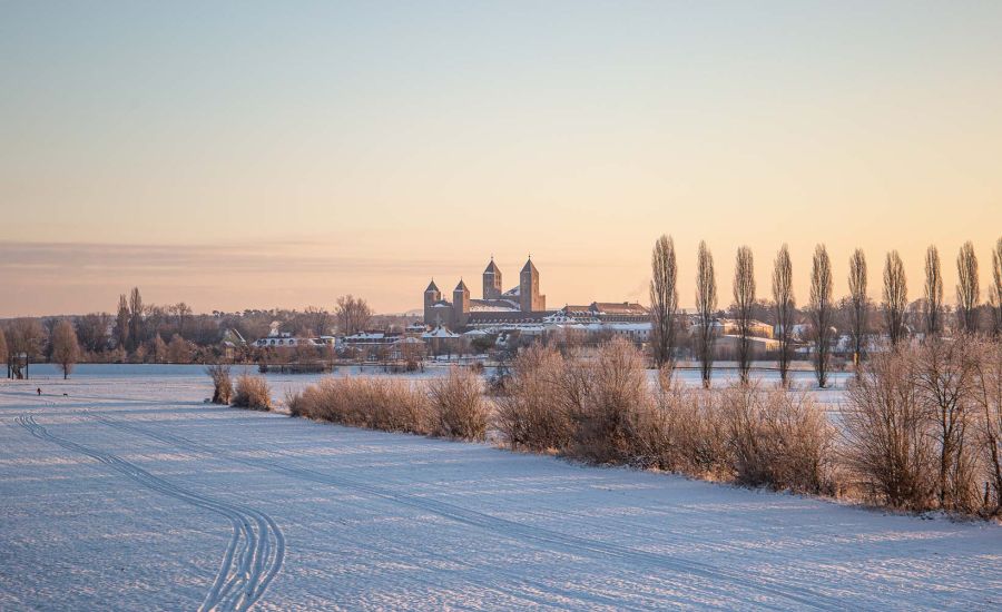 Blick über ein schneebedecktes Feld auf die Abtei
