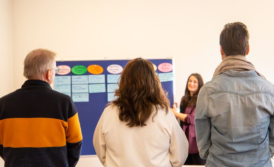 Drei Menschen stehen vor einer Flipchart